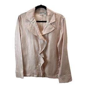 Chicos Size 2 100% Linen Light Pink Ruffle Button Up Long Sleeve Jacket Top US L